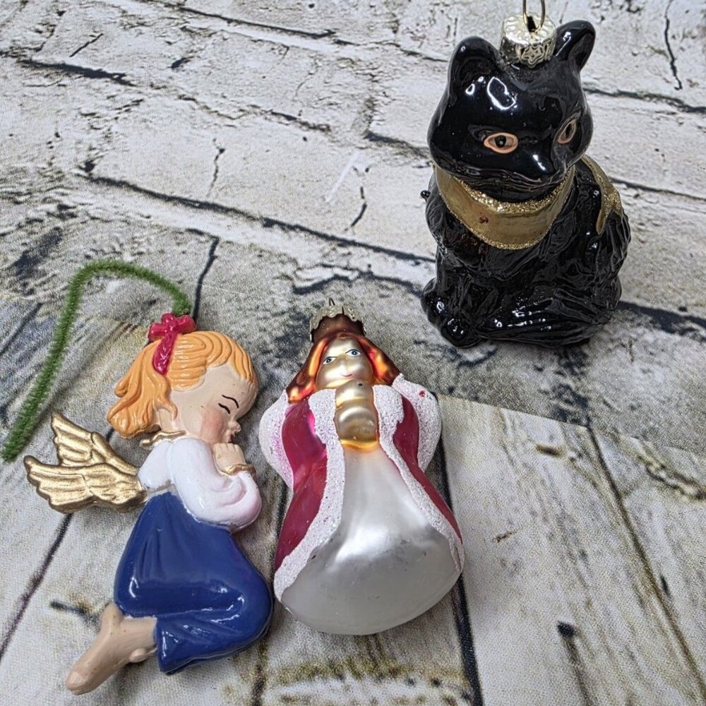 Black Halloween Cat w Two Angel Ornaments Lot of 3